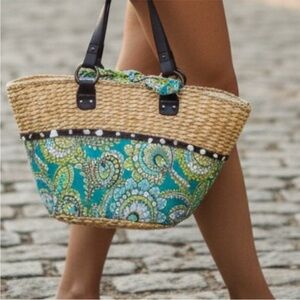 Vera Bradley Large Straw & Fabric Beach Tote Bag With Seashells Vacation VGUC